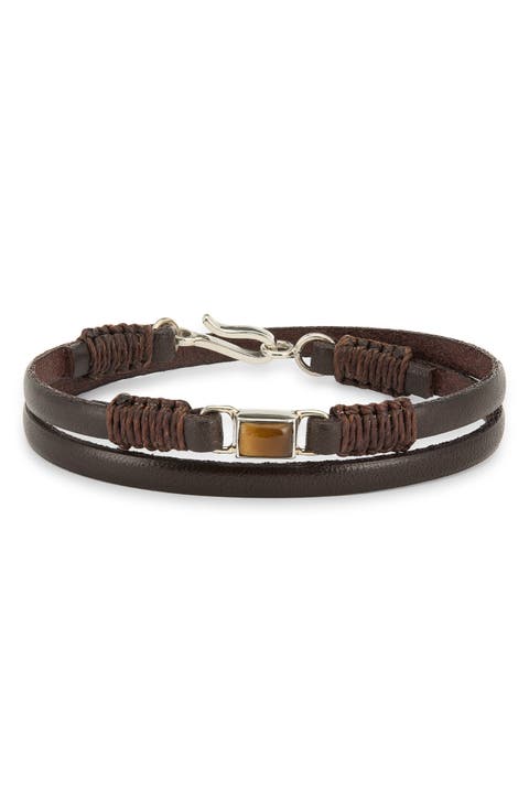 Men's Leather & Tiger Eye Double Wrap Bracelet