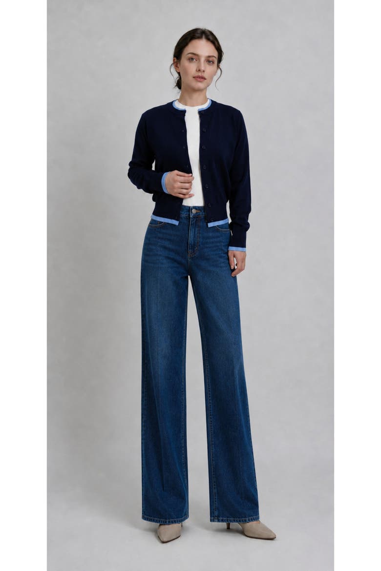 Wool Blend Contrast Trim Button Cardigan, Alternate, color, Deep Navy