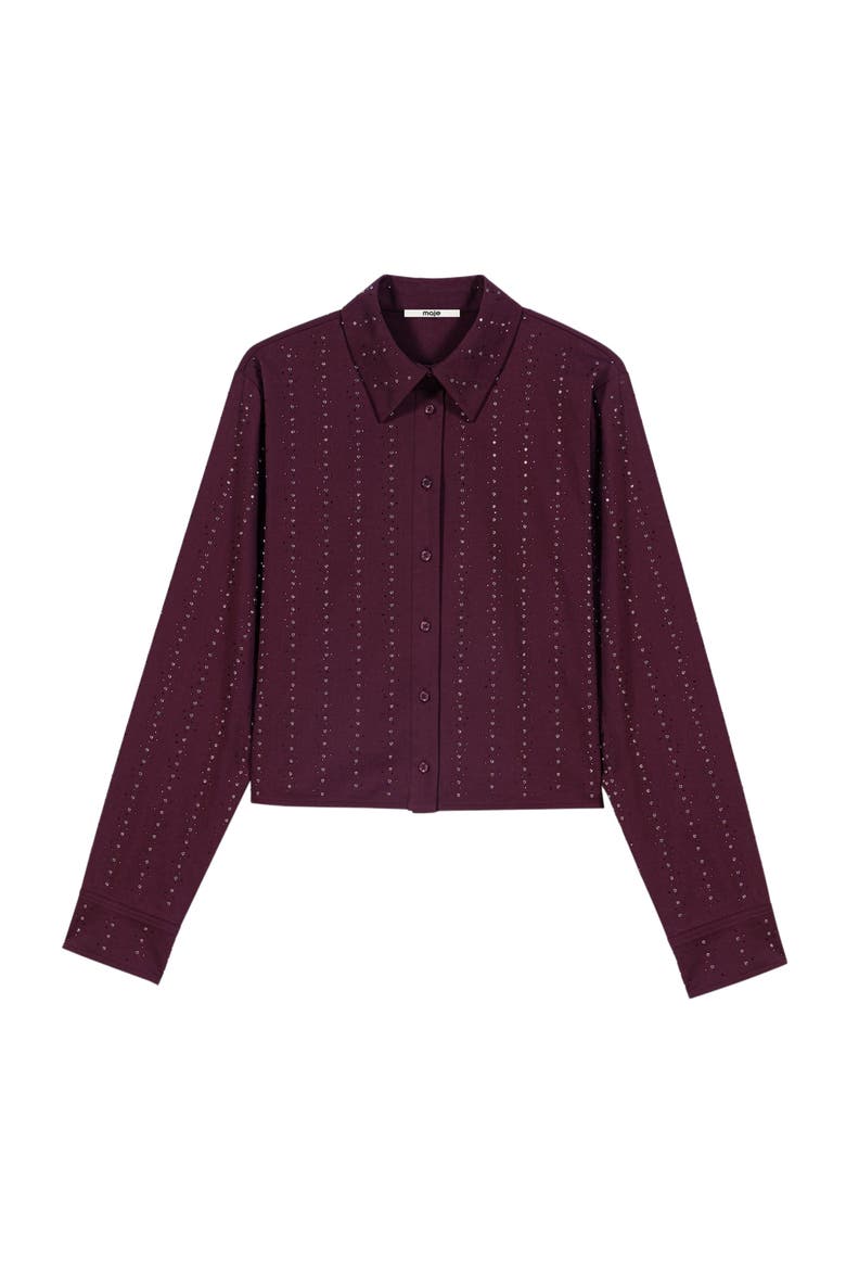 Cropped rhinestone cotton shirt, Alternate, color, Burgundy
