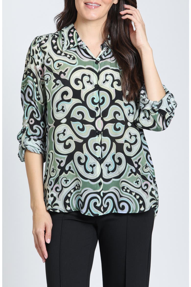 Roll Tab Sleeve Button-Up Shirt, Main, color, SAGE MULTI