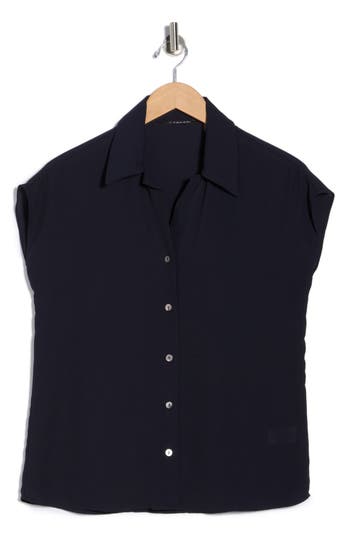 T Tahari Cap Sleeve Button-up Shirt In Blue