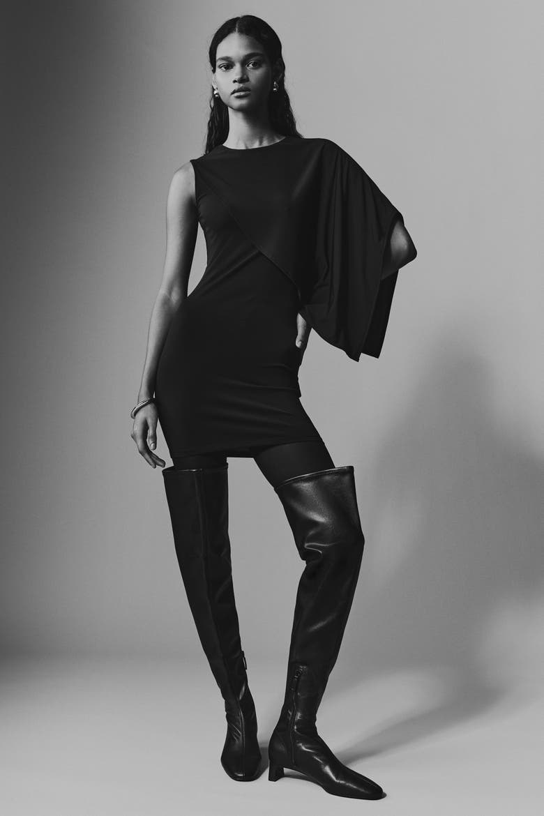 Cape-detail Mini Dress, Alternate, color, Black