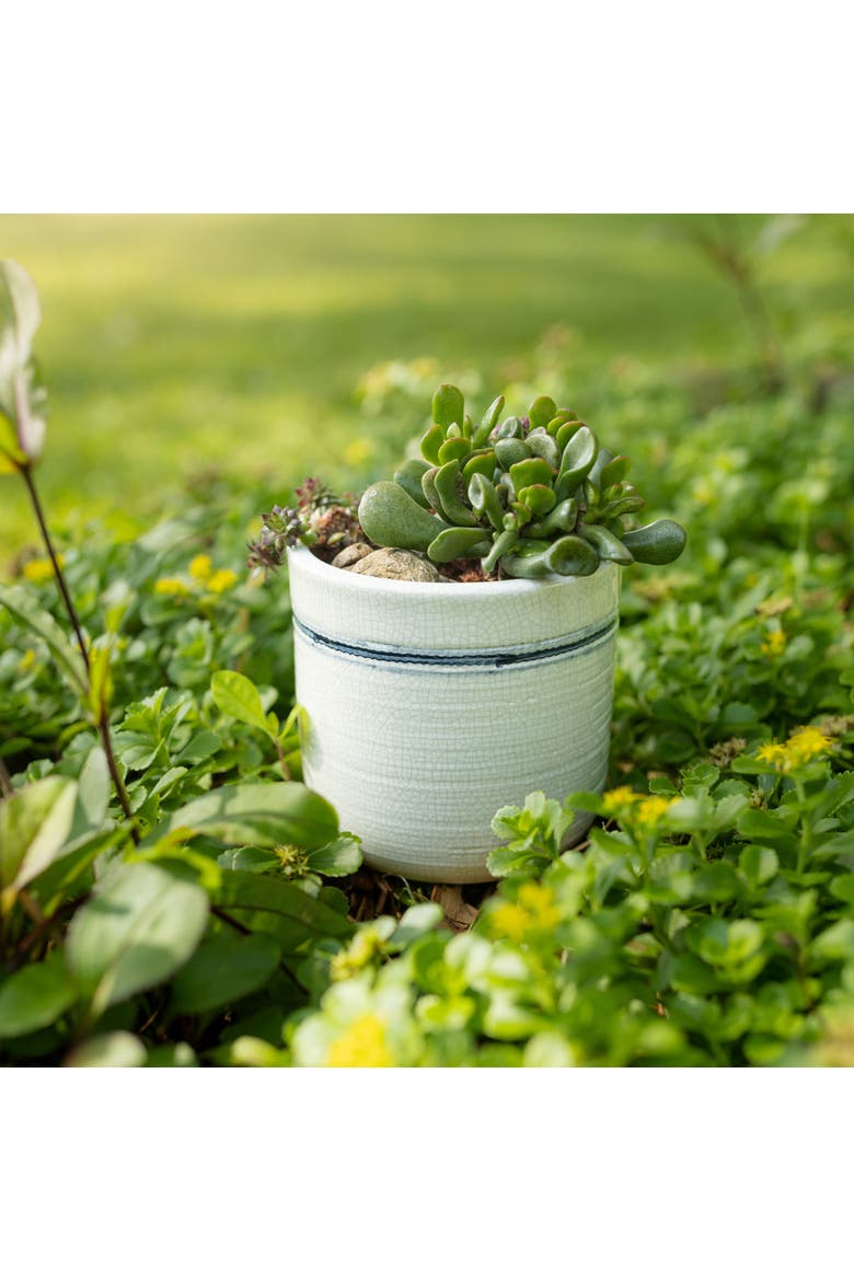 Vintage Crackle 5.5 Inch Planter Pot Blue Stripe Stoneware, Alternate, color, Blue
