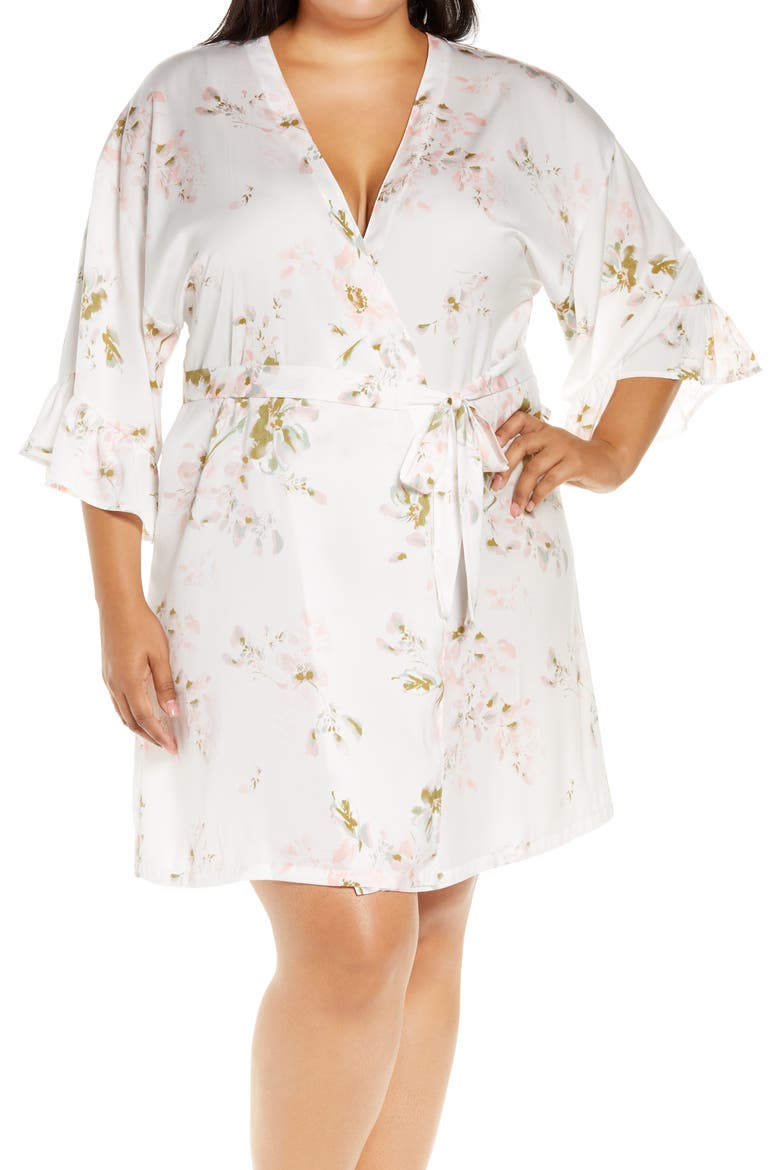 Forever Tie Waist Satin Robe, Main, color, IVORY EGRET ARTISTIC FLORAL