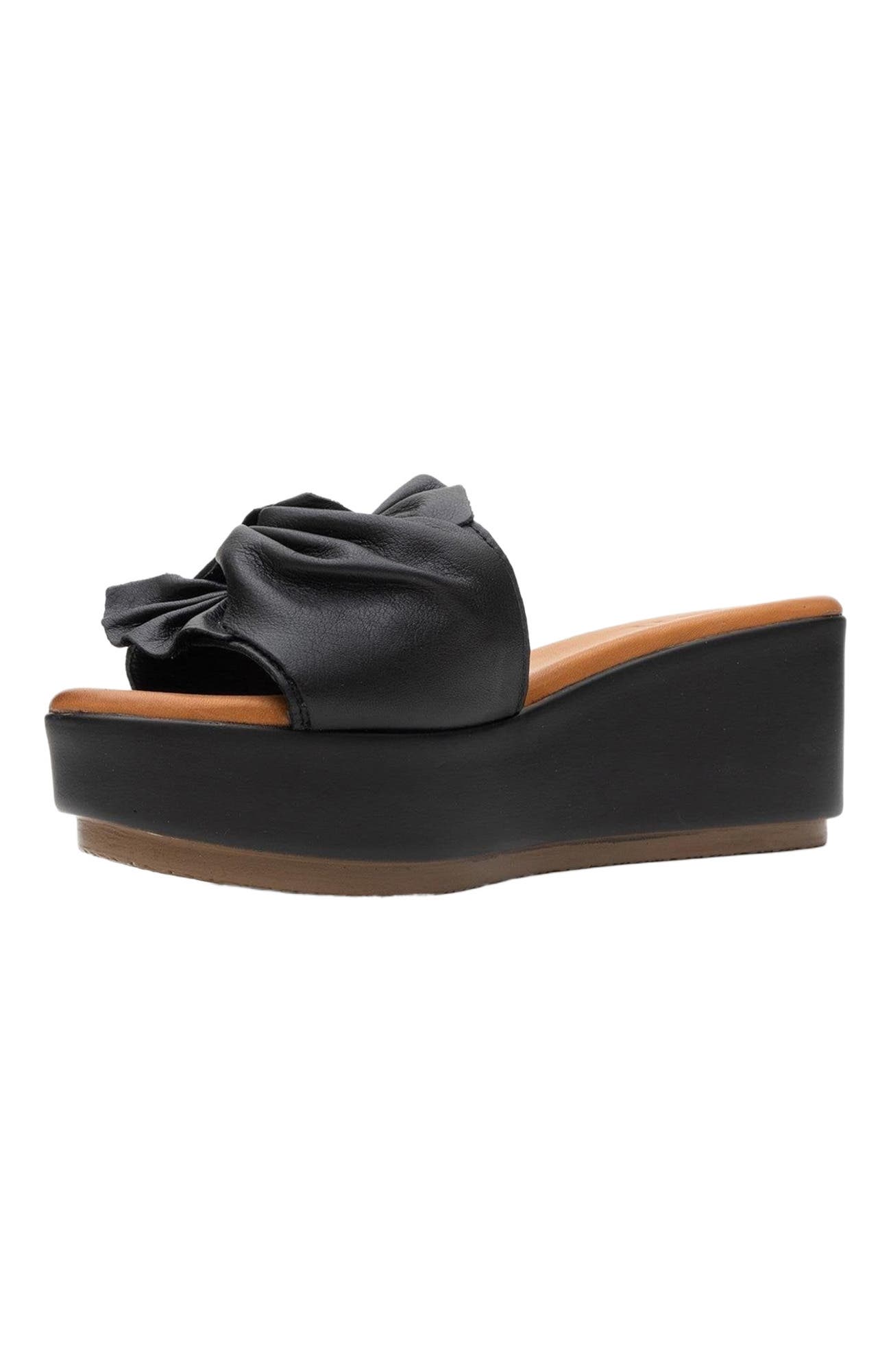 Forever & Always Shoes Syndra Bow Wedge Leather Sandal, Alternate, color, Black Leather
