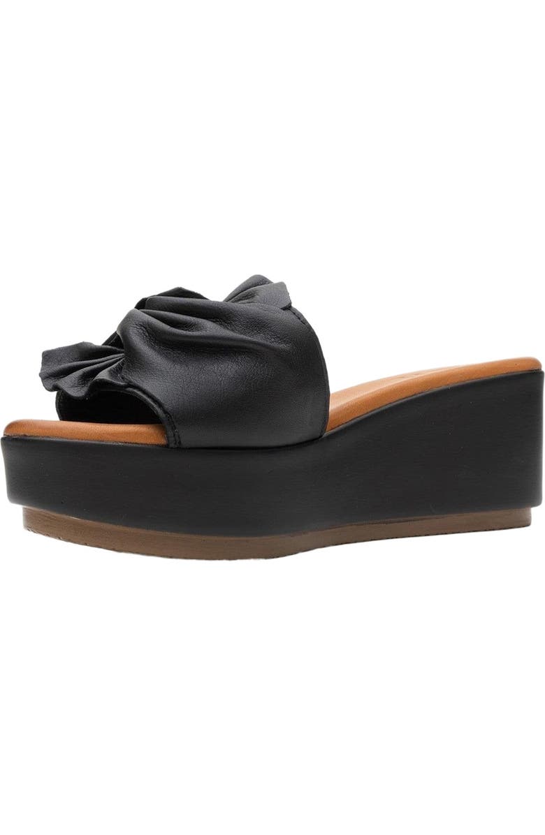 Forever & Always Shoes Syndra Bow Wedge Leather Sandal, Alternate, color, Black Leather