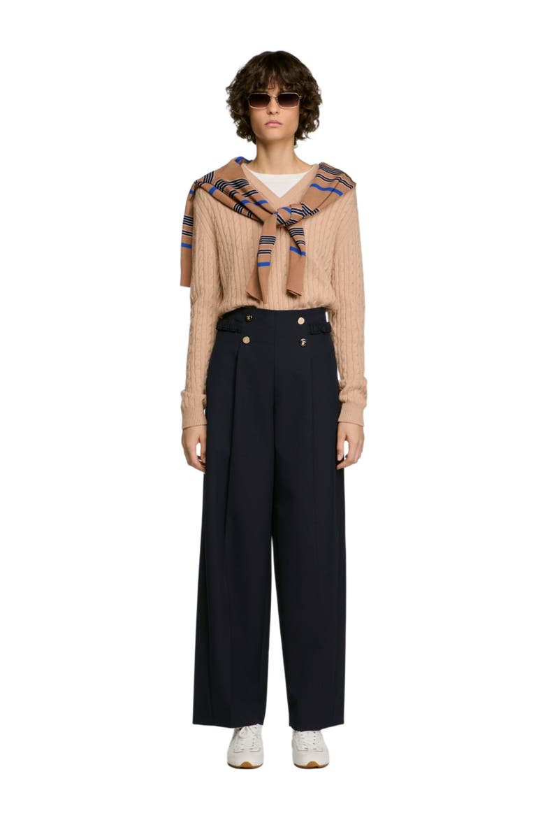 Buttoned wide-leg wool trousers, Alternate, color, Navy blue