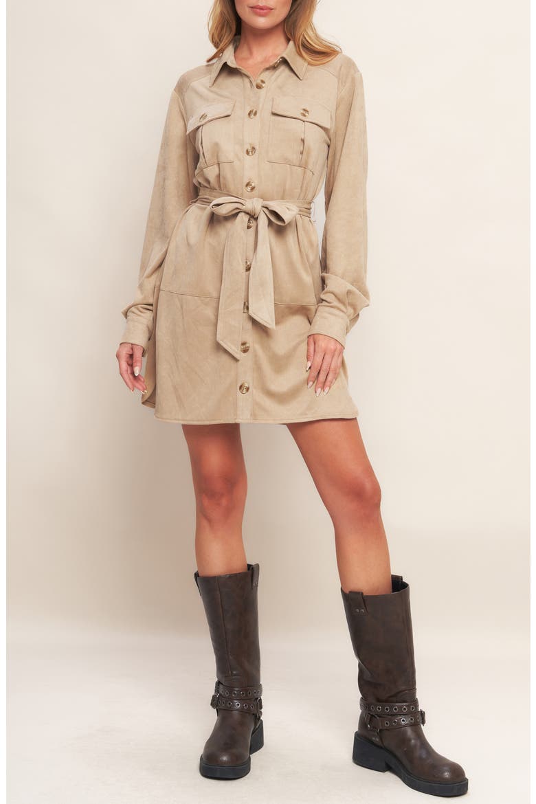 Long Sleeve Faux Suede Shirtdress, Alternate, color, SAND