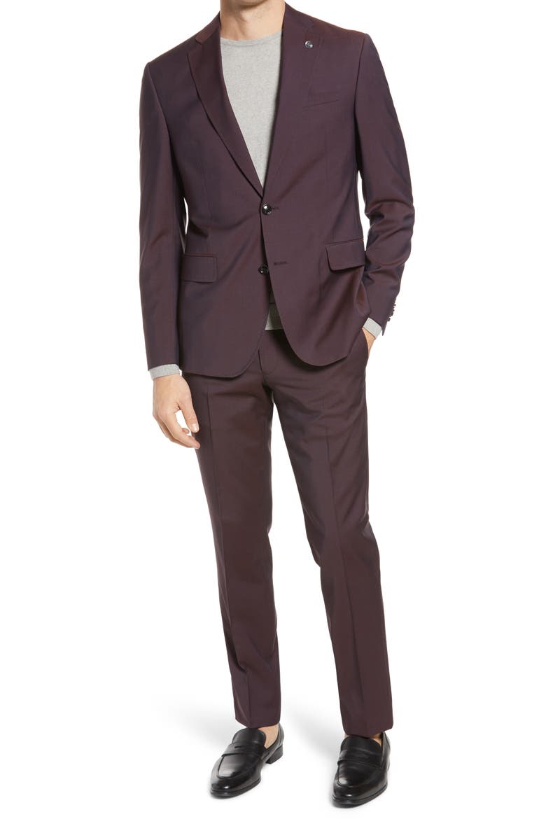 Roger Extra Trim Fit Solid Wool Suit, Main, color, BURGUNDY