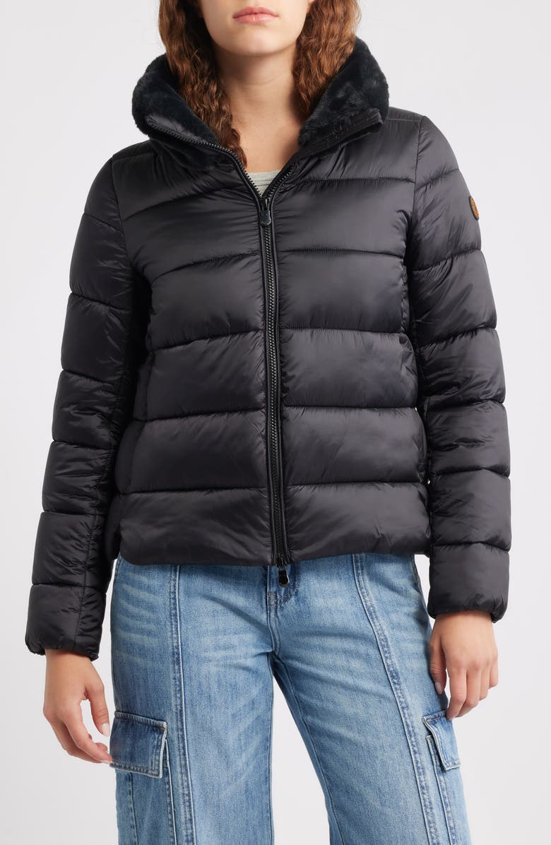 Save The Duck Mei Faux Fur Collar Waterproof Quilted Jacket, Main, color, Black