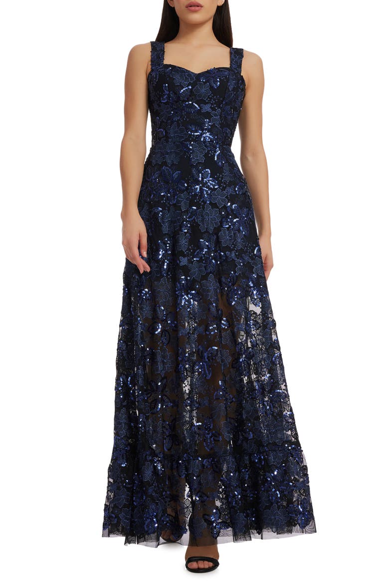Anabel Floral Sequin Fit & Flare Gown, Main, color, NAVY