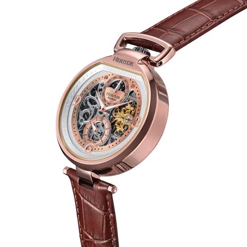 Heritor Automatic Lincoln Leather-band Skeleton Watch With Moon Phase In Gold