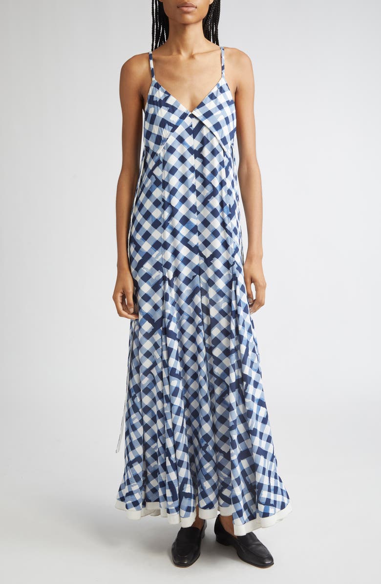 Proenza Schouler June Abstract Gingham Crêpe de Chine Maxi Dress, Main, color, Dark Navy Multi