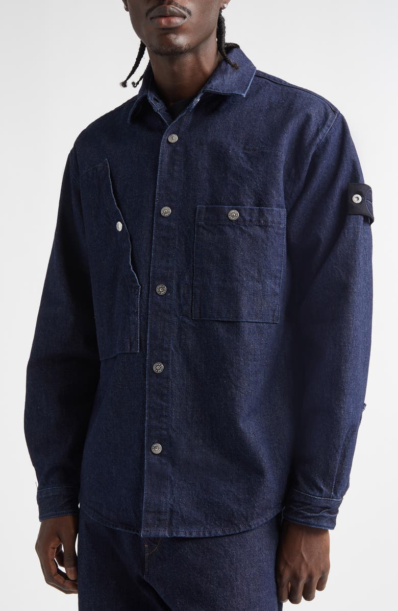 Stone Island Compass Logo Patch Denim Snap-Up Overshirt, Alternate, color, Vj201 Indigo Denim-Rinsed