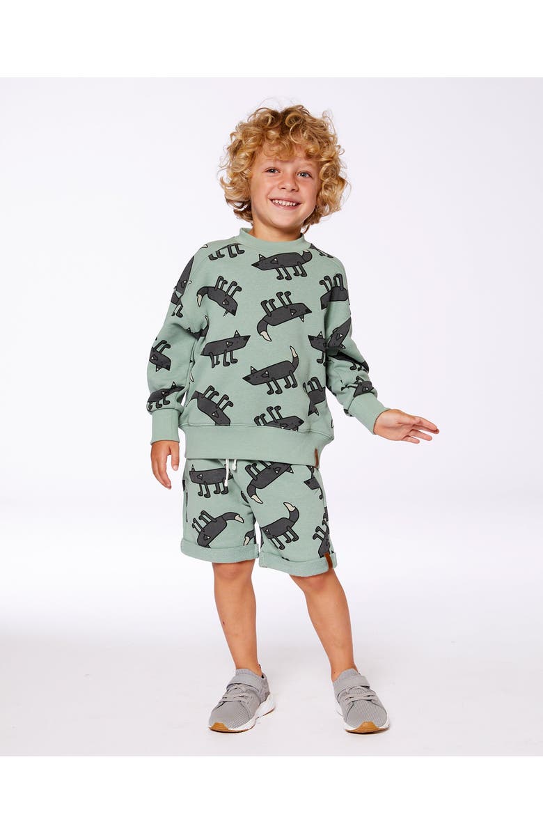 Deux par Deux Boy's Printed Pullover French Terry Sweatshirt Gray Wolf On Teal Background, Alternate, color,