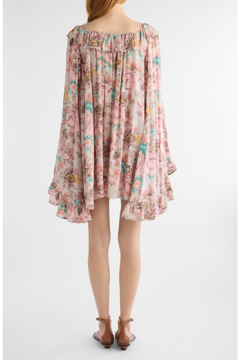 Bouquet Print Long Sleeve Silk Crêpe de Chine Minidress, Alternate, color, MUDDY GREY