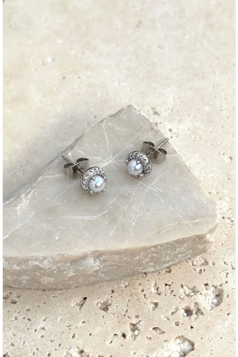 Pavé Halo Freshwater Pearl Stud Earrings, Alternate, color, SILVER