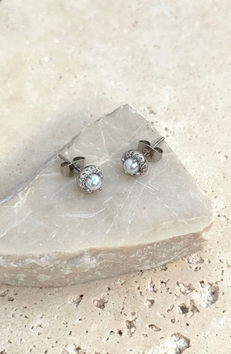 Adornia Pavé Halo Freshwater Pearl Stud Earrings, Alternate, color, Silver