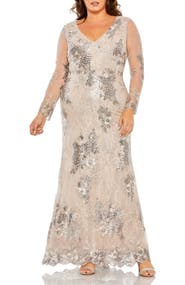 Mac Duggal V Neck Mesh Long Sleeve Embroidered Gown