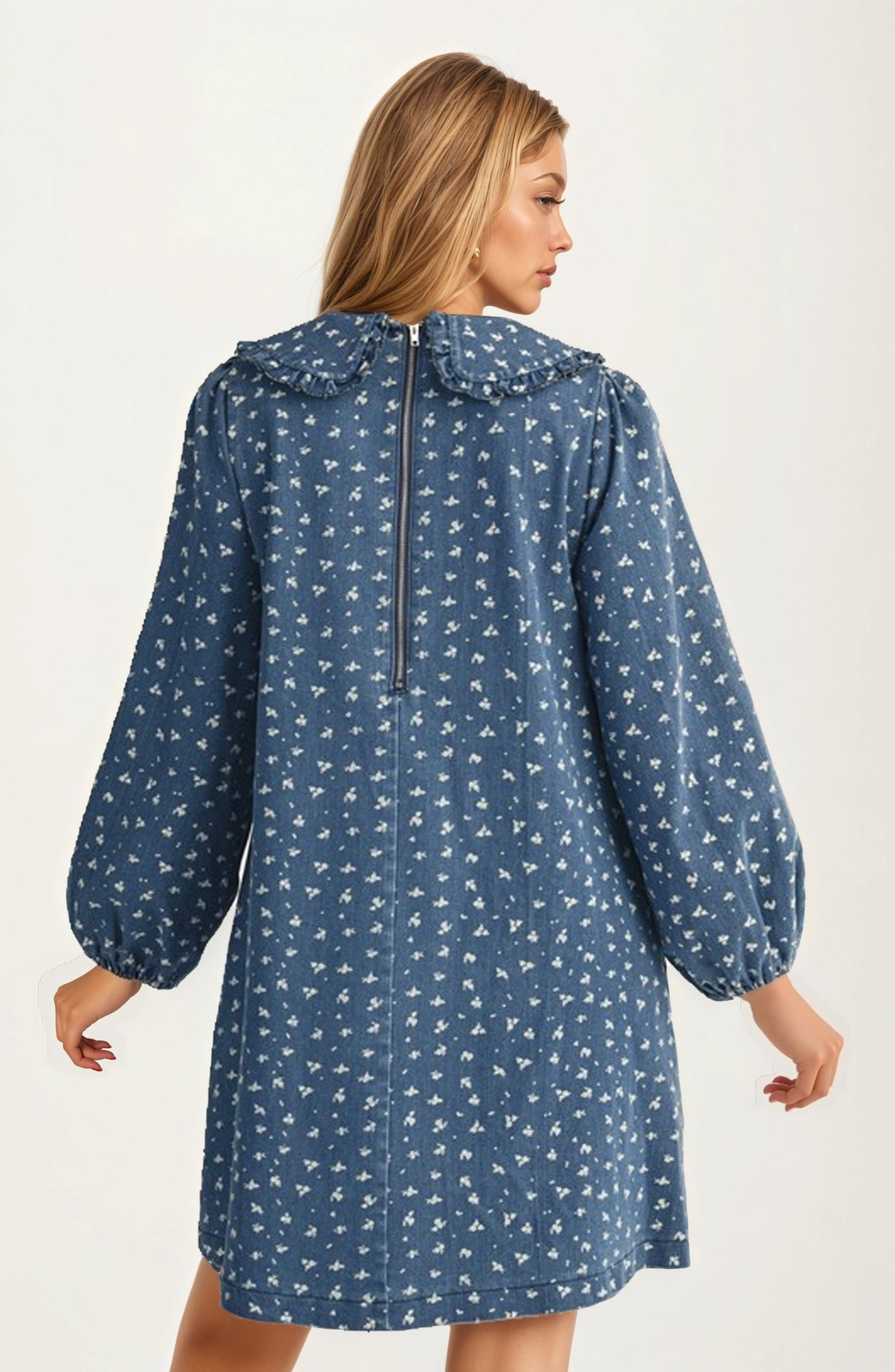 Button Front Puff Sleeve Ruffle Collar Mini Dress - image 2