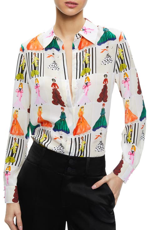 Willa Stack Face Print Silk Button-Up Shirt