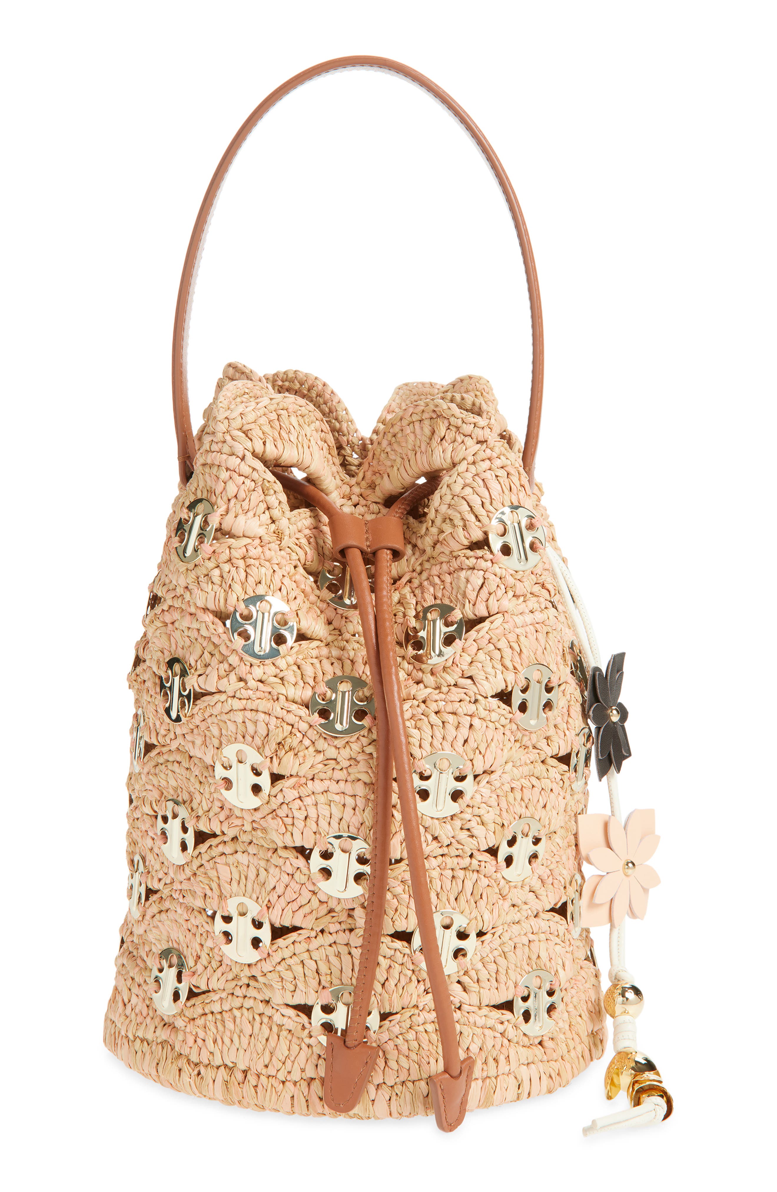 Rabanne 1969 Medium Raffia Bucket Bag, Main, color, Peach/ Gold