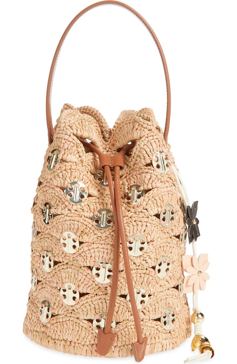 Rabanne 1969 Medium Raffia Bucket Bag, Main, color, Peach/ Gold