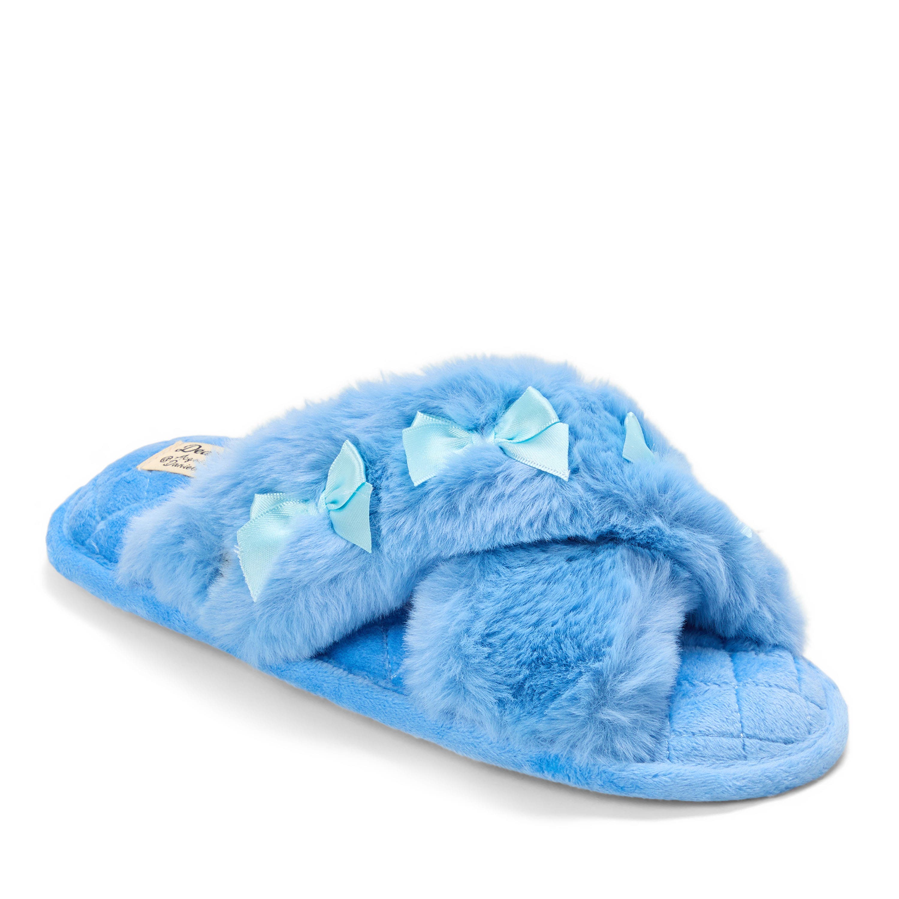 DEARFOAMS Jessica Furry Crossband Slide Slipper, Main, color, Cornflower