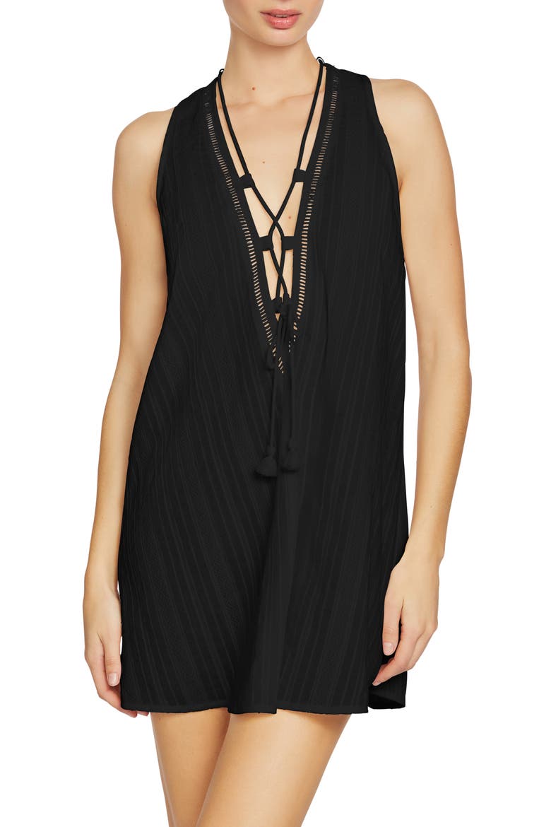 Michel Lace-Up Cover-Up Tunic, Main, color, BLACK