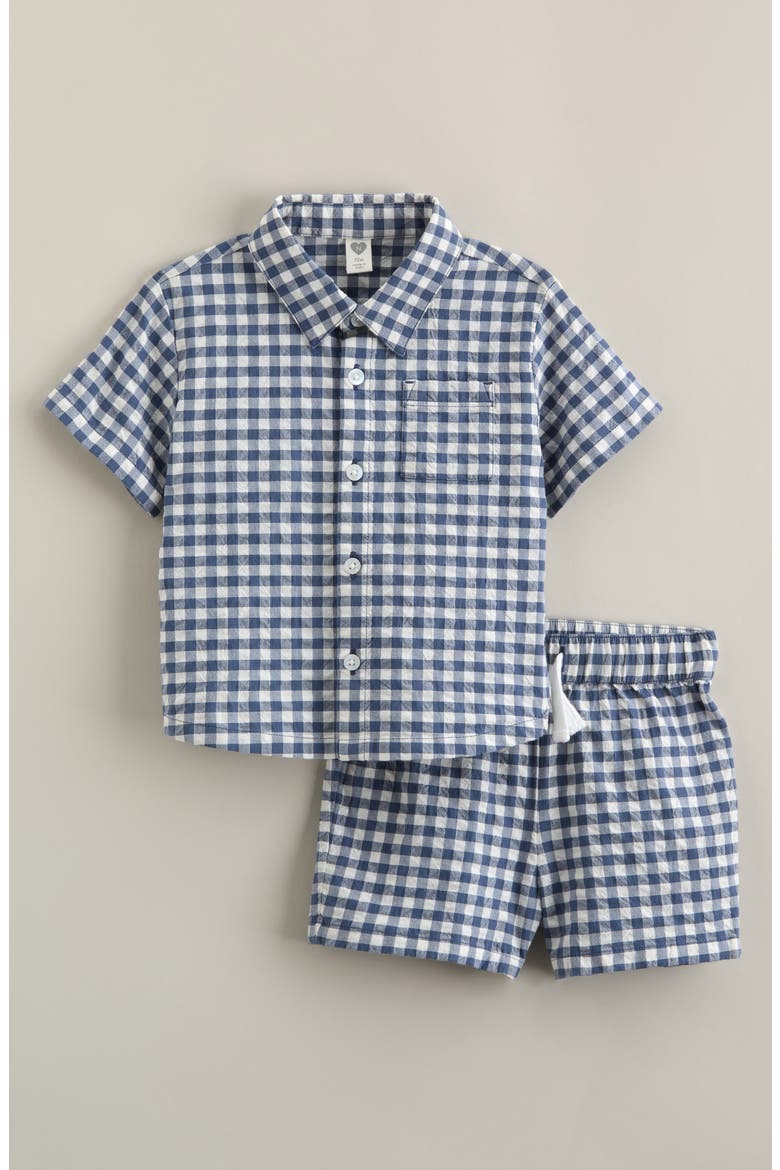 Seersucker Short Sleeve Button-Up Shirt & Drawstring Shorts Set, Main, color, BLUE DEL MAR GINGHAM