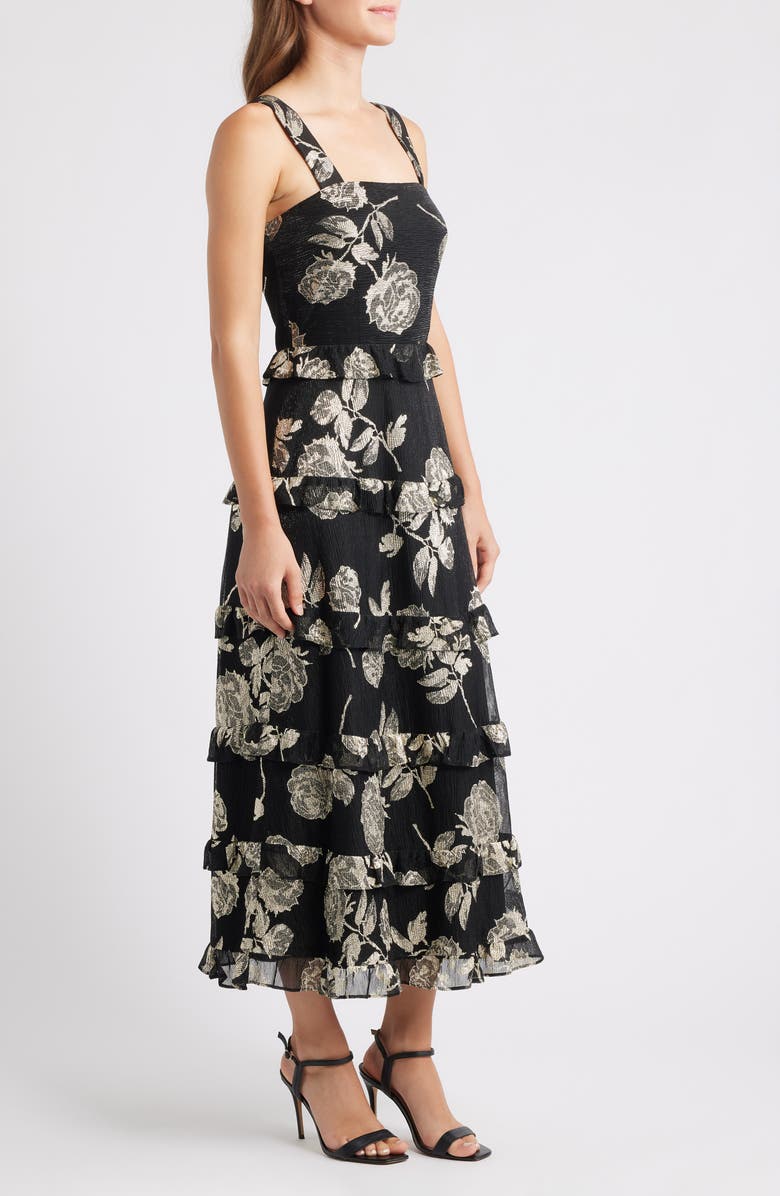 Anne Klein Metallic Tiered Ruffle Sleeveless Maxi Dress, Alternate, color, Gold/ Anne Black