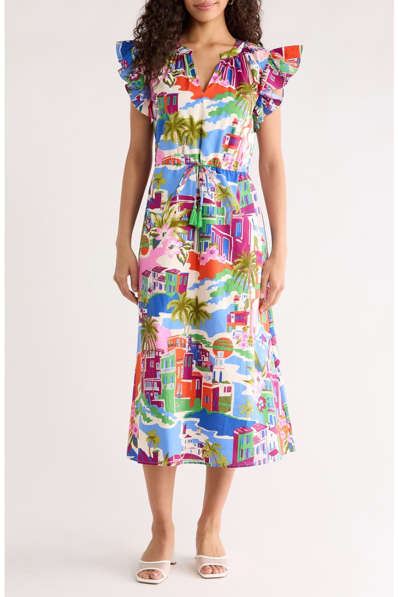Rumi Town Tiarna Print Flutter Sleeve Tie Waist Midi Dress, Main, color, CREAM-BLUE-MULTI