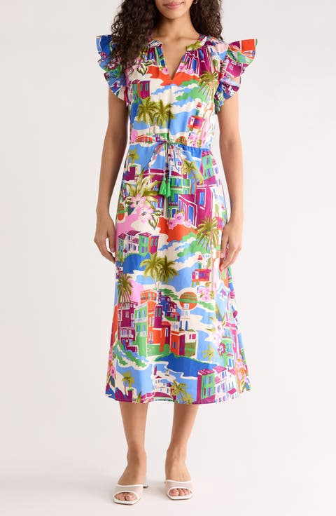 Rumi Town Tiarna Print Flutter Sleeve Tie Waist Midi Dress