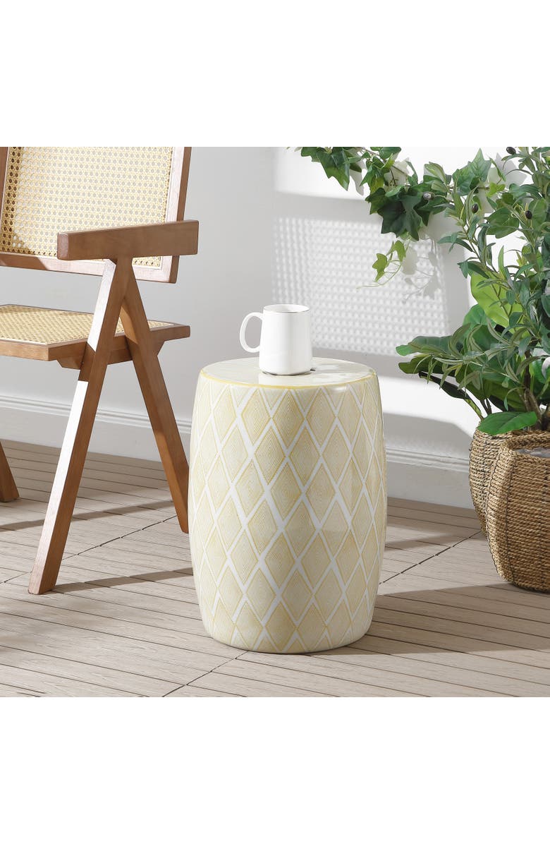 JONATHAN Y Moroccan Diamonds Bohemian Diamond Geometric Ceramic Indoor/Outdoor Garden Stool Decorative Patio Drum Accent Side Table, Alternate, color, Yellow