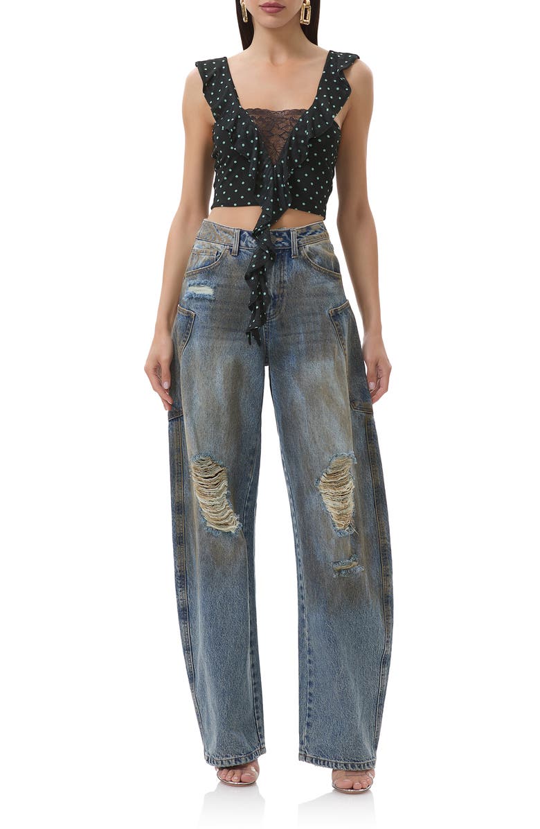 AFRM Lowell Lace Trim Ruffle Crop Top, Alternate, color, Black/ Aqua Dot