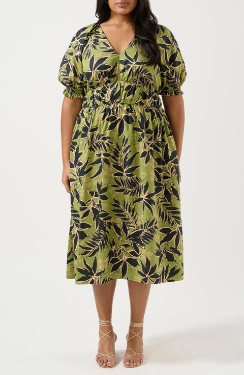 Wildleaf Print Puff Sleeve Midi Dress (Plus)