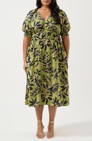 Estelle Wildleaf Print Puff Sleeve Midi Dress