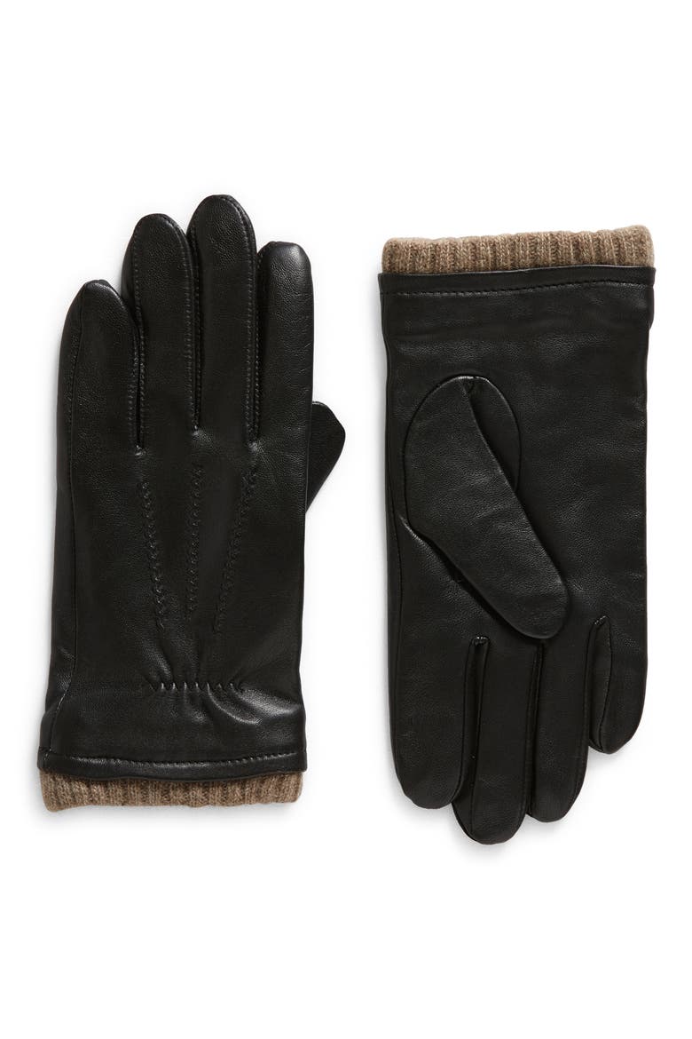 Leather Cashmere Cuff Tech Gloves, Main, color, BLACK