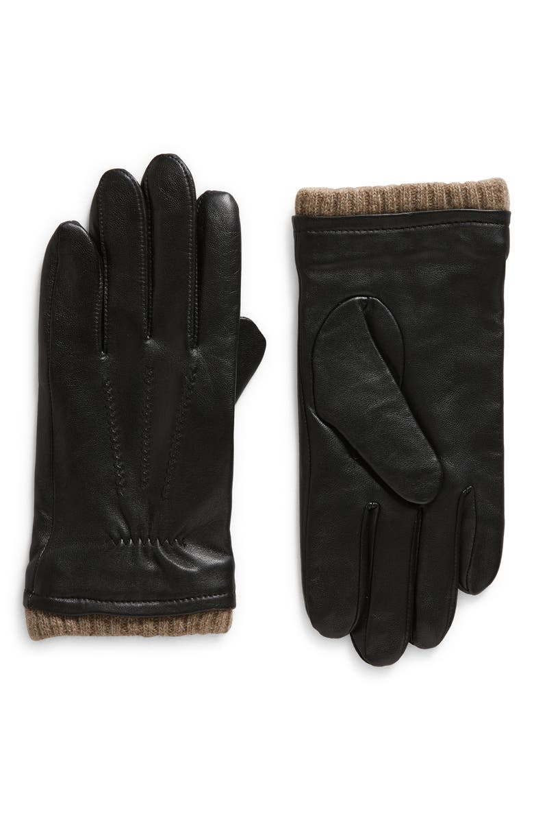 Nordstrom Leather Cashmere Cuff Tech Gloves, Main, color, Black