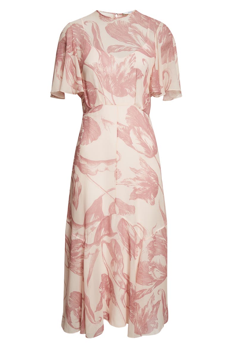 Botanical Engraving Silk Voile A-Line Midi Dress, Alternate, color, BOTANICAL ENGRAVING CAMEO PINK