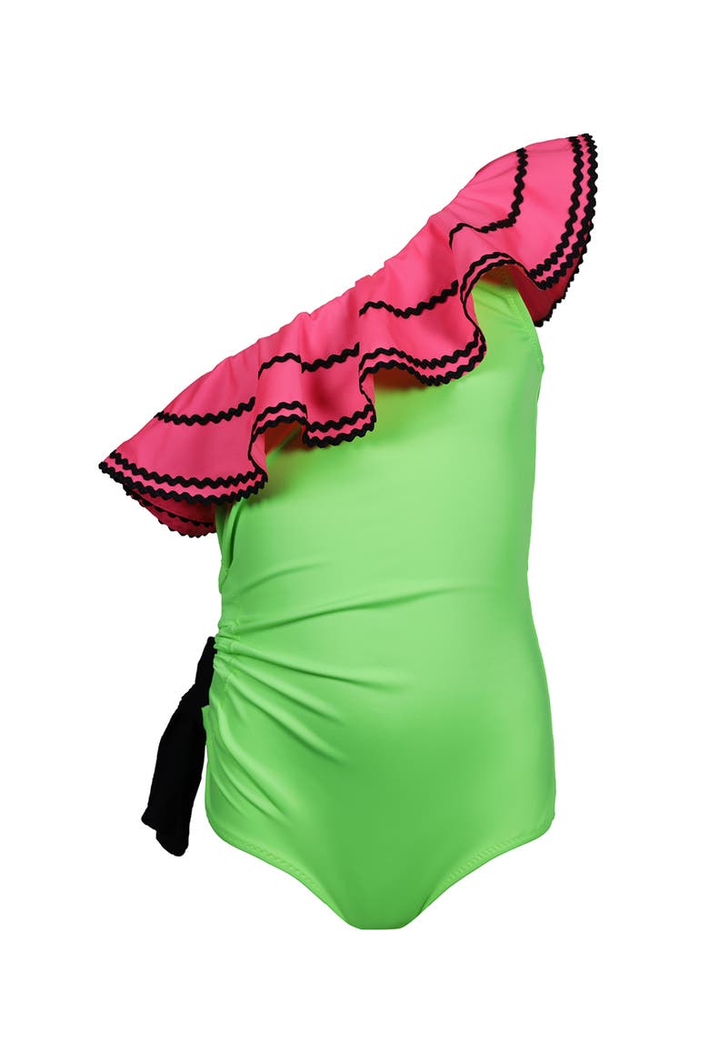 Kids' One Shoulder Ruffle Ric-Rac Trim Cut-Out Detail One Piece Swimsuit, Main, color, Green