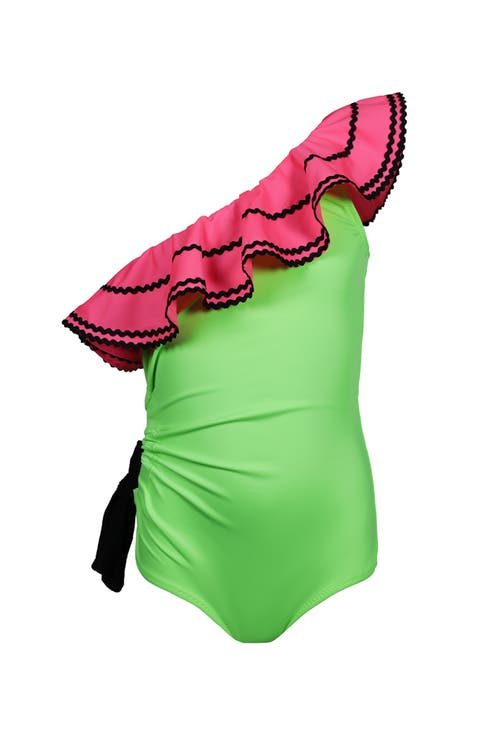 Kids' One Shoulder Ruffle Ric-Rac Trim Cut-Out Detail One Piece Swimsuit