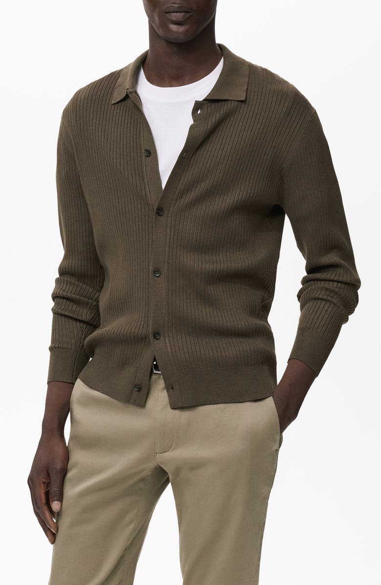 MANGO Ribbed Full Button Cardigan, Main, color, Khaki Green