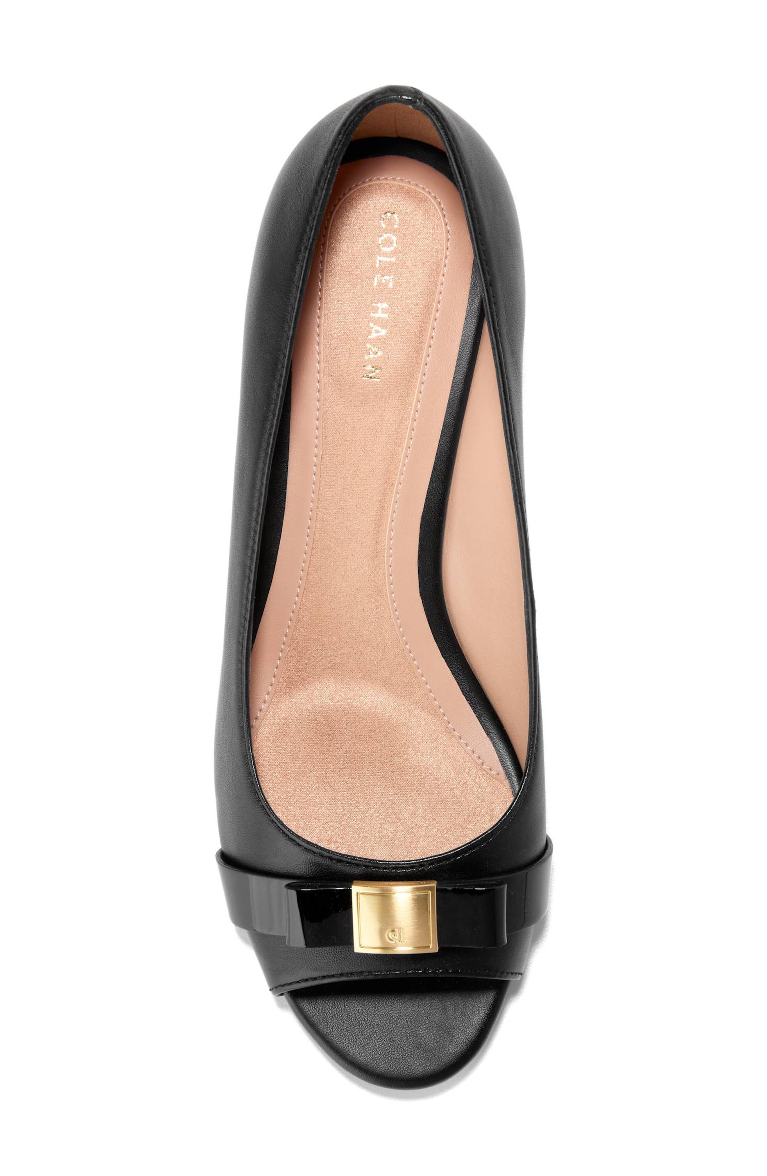 Cole Haan Go-To Malta Bow Peep Toe Wedge Pump, Alternate, color, Black Leather