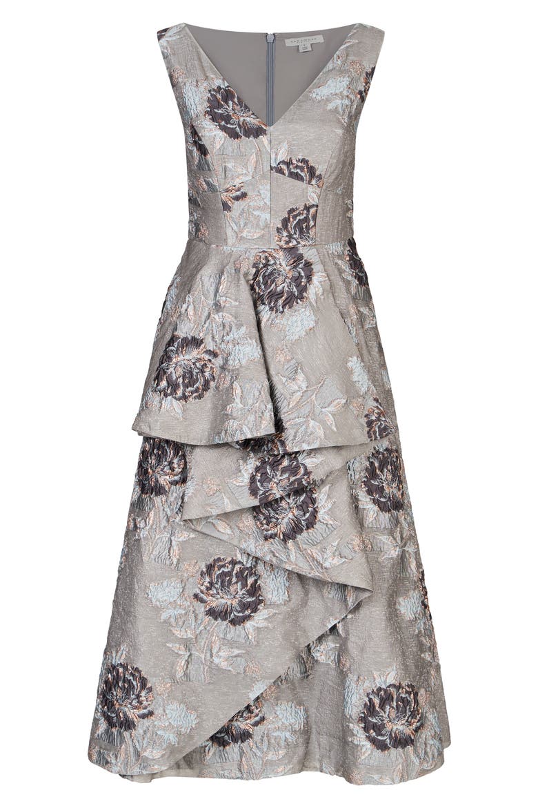 Elsie Metallic Floral Jacquard Ruffle Dress, Alternate, color, GREY