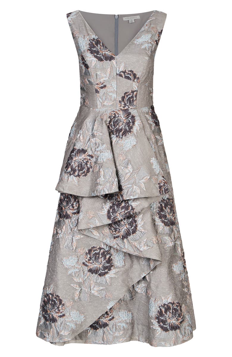 Kay Unger Elsie Metallic Floral Jacquard Ruffle Dress, Alternate, color, Grey