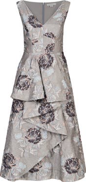 Kay Unger Elsie Metallic Floral Jacquard Ruffle Dress