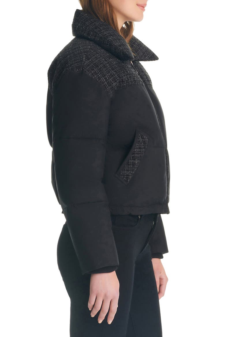 crop tweed mix media puffer jacket, Alternate, color, BLACK