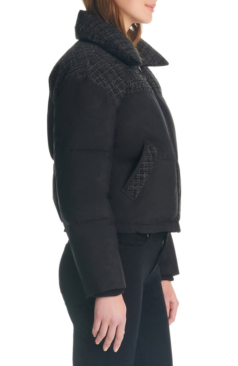 Kate Spade New York crop tweed mix media puffer jacket, Alternate, color, 