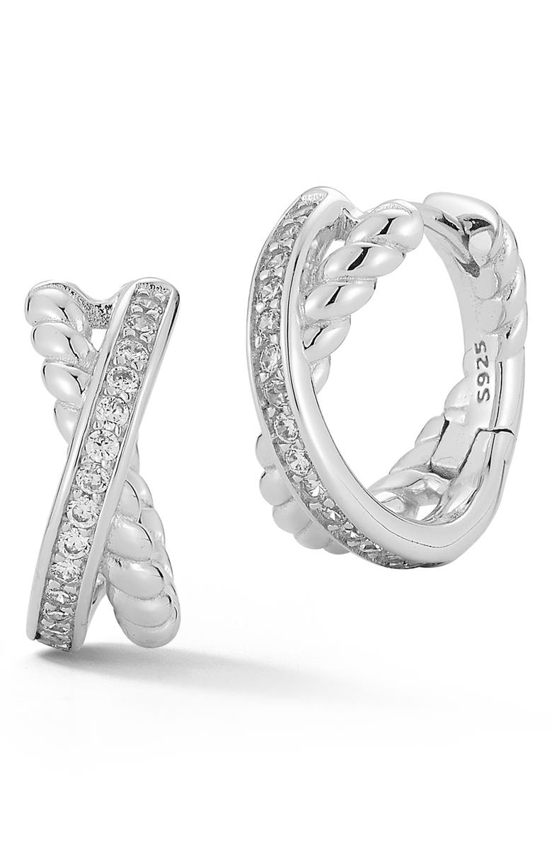 GLAZE JEWELRY Cubic Zirconia Crisscross Huggie Hoop Earrings, Main, color, 